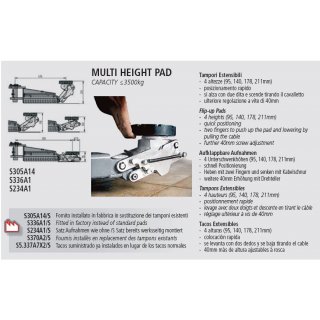 Satz aufklappbare Aufnahmen (zusätzlicher Hub von 165mm im Vergleich zu den Standard-Aufnahmen) für HB mit Tragkraft 2,7t - 3,2t Geeignet für KPH370.32K. Anmerkung: die Aufnahmen sind auf dem letzten Teil des Armes integriert, RAVAGLIOLI
