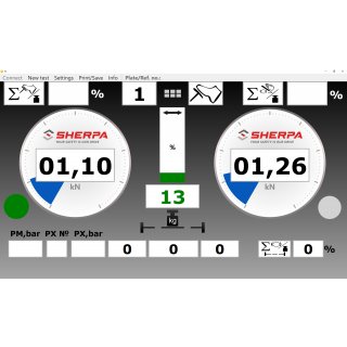 PC-Software „TV-XT“ Bildschirmanzeige, für alle Rollen-Bremsenprüfstand zur Anzeige von Bremskraft, Differenz, Achsnummer, Bremstyp, Achs- und Radgewicht, Bremsverzögerung, Bremsdrücke und Betriebsmodus. SHERPA