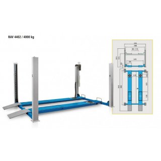 RAV4402,  4-Säulen-Hebebühne, elekttohydraulisch, 4000 kg Säulenabstand 2.800 mm Fahrschienen 530 x 4.460 mm, RAVAGLIOLI